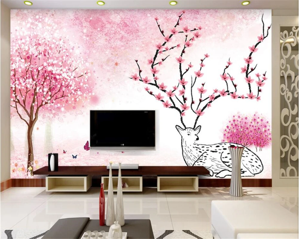 

Beibehang Children's room Background decoration 3D wallpaper Romantic pink peach elk living room TV wall murals wallpaper