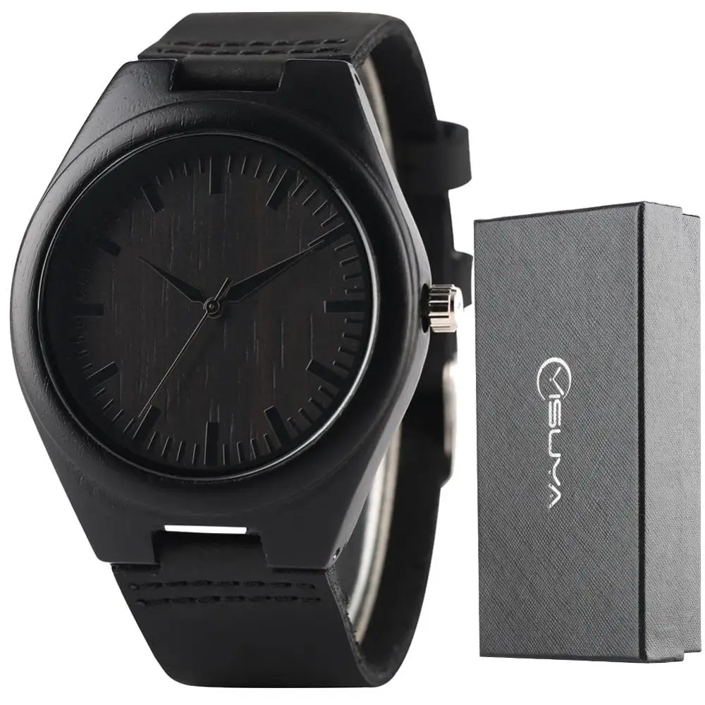 Fashion Black Watch Мужские часы, простые бамбуковые часы из черного дерева, королевские синие шикарные черные кварцевые часы, мужские часы, мужские часы из натуральной кожи с подарочной коробкой - Цвет: Fashion Black Watch