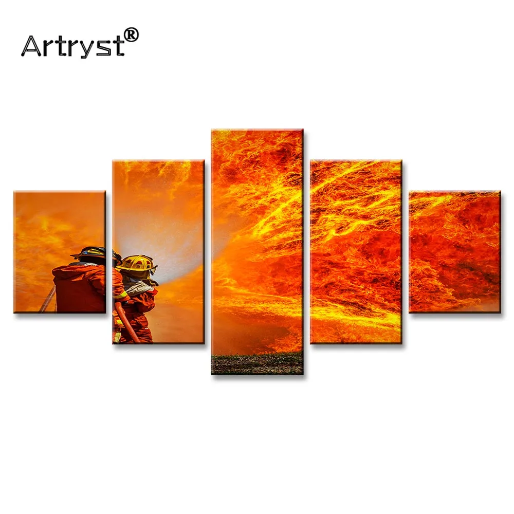 

Artryst Modern 5 Piece Canvas Painting Fireman Fire Fighting Poster HD Print On Canvas Wall Art Modular Picture For Living Room