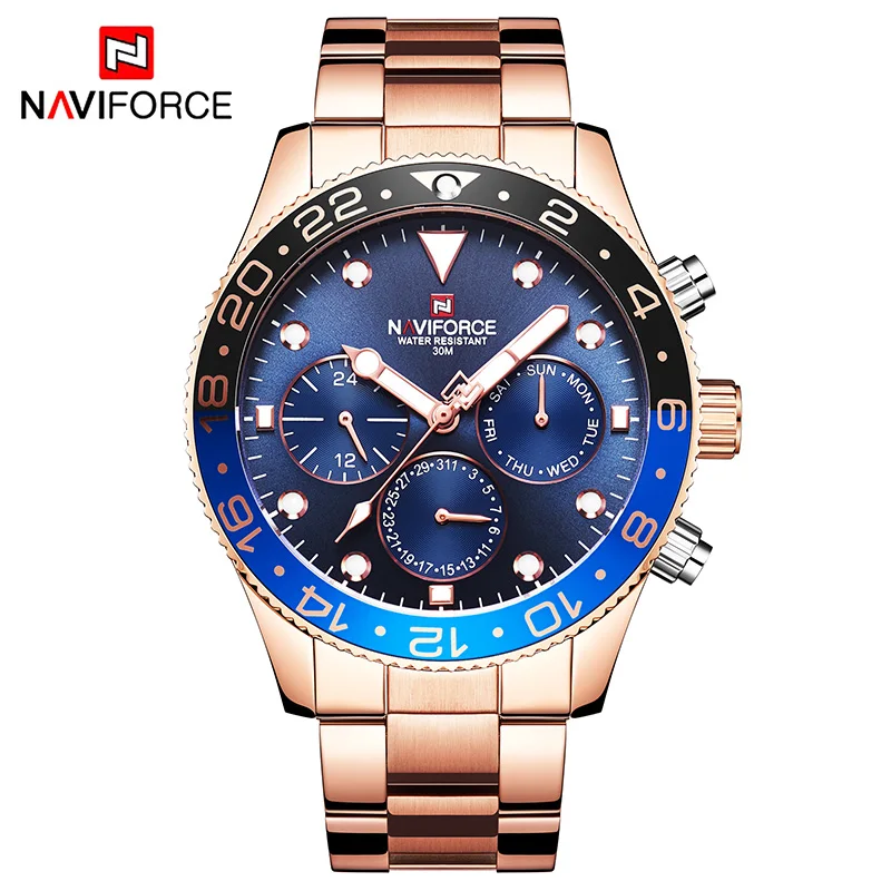 Часы NAVIFORCE мужские водонепроницаемые из нержавеющей стали золотого и синего