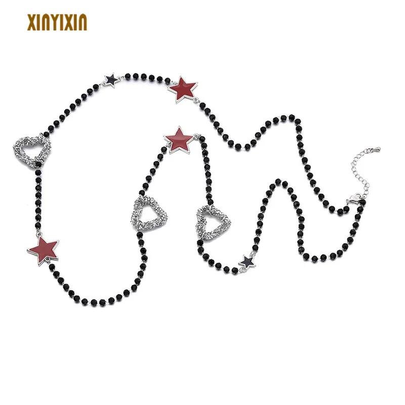 

Black Shining Crystal Beads Heart Star Long Chain Necklace for Women 100cm Sweater Chain Collier Statement Jewelry Party Gift