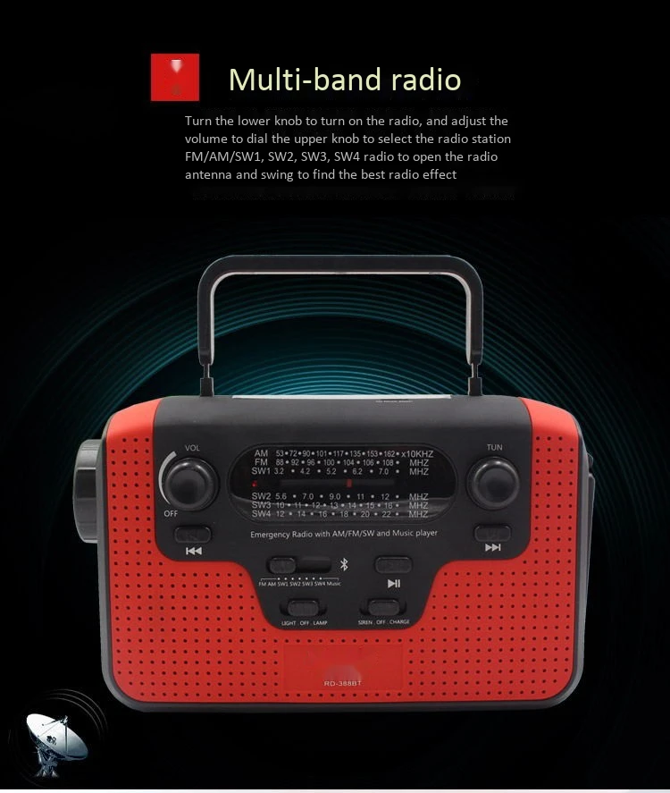 Портативный AM FM радио Светодиодный светильник флэш-светильник Bluetooth динамик мобильный телефон банк солнечной энергии поколение TF карта U диск плеер