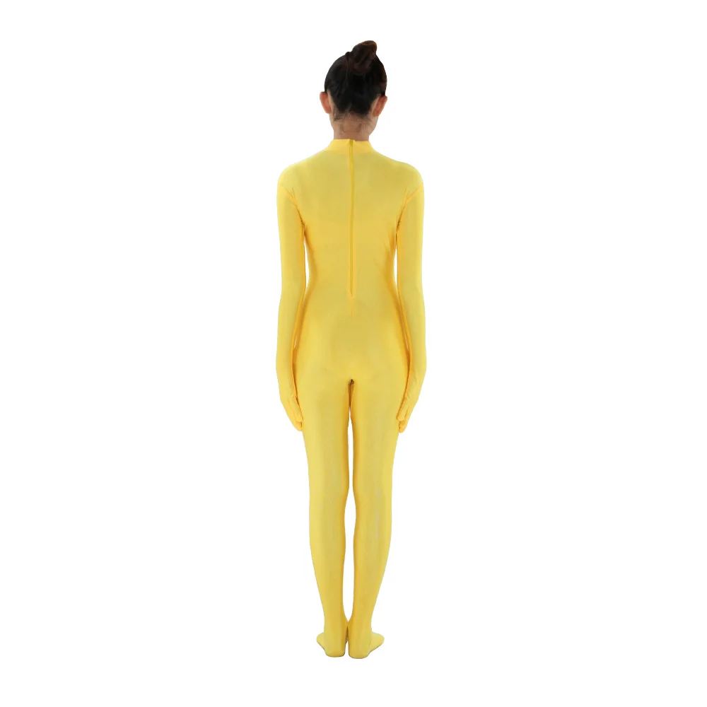 Желтый костюм для взрослых Zentai на заказ без капюшона с имитацией шеи из лайкры