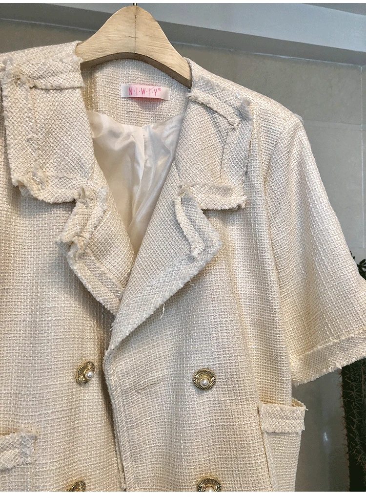 Женская твидовая куртка с коротким рукавом двубортная шерстяная зубчатым