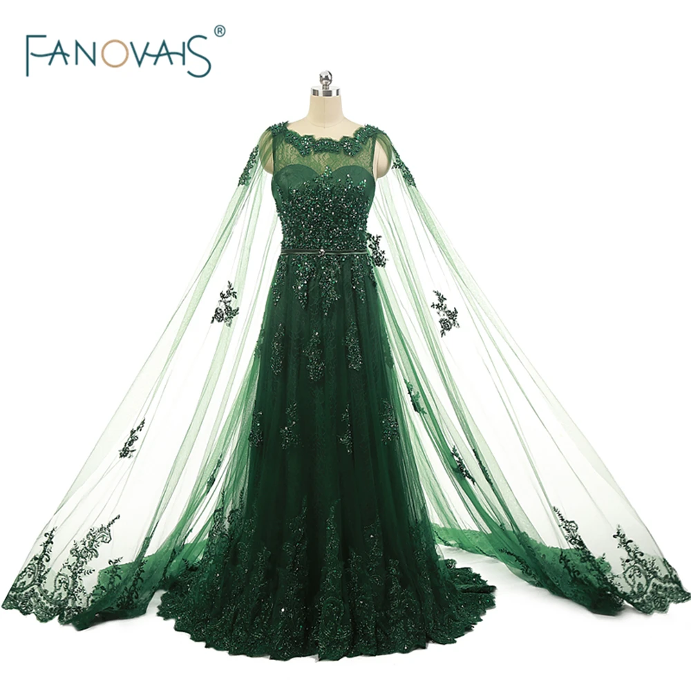 

Evening Dresses Green with Cape Caftan Dubai Vestido de Fiesta Handmade Beaded Lace Evening Gown Long Dress Formal ASAE29