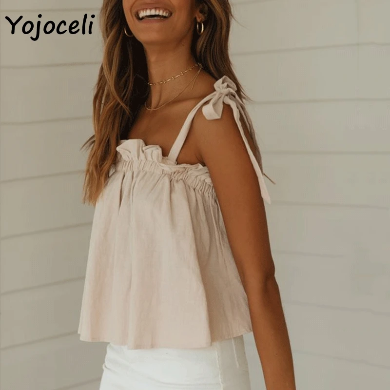Yojoceli с милым бантом топы завязками на шее для женщин 2019 летнее пляжа в богемном
