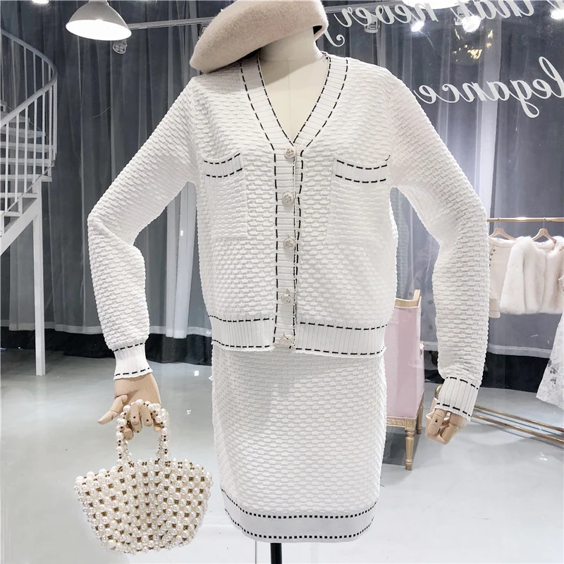 

Amolapha Elegant Women Autumn Knitted Cardigans Skirts Suits V Neck Single Breasted Woman High Wasit Skirt Clothing Sets