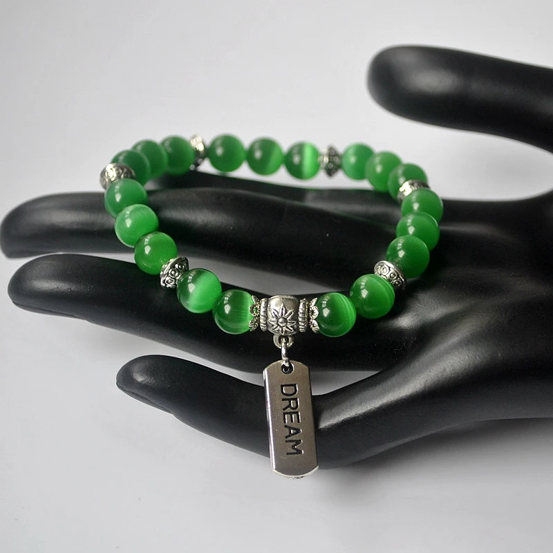 Женский браслет с бусинами из натурального опала 8 мм винтажный посеребренный на