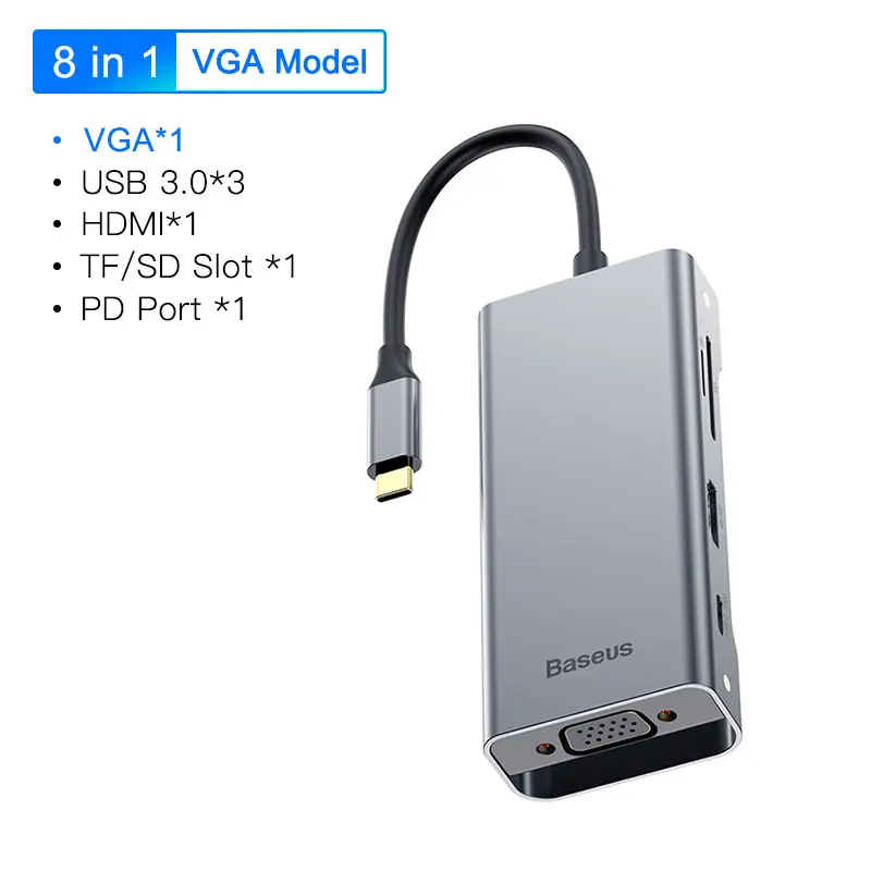 Baseus USB C концентратор type C к HDMI VGA RJ45 USB3.0 концентратор Мульти USB 3,0 type-c концентратор адаптер питания для MackBook Pro воздушный USB-C сплиттер - Цвет: VGA