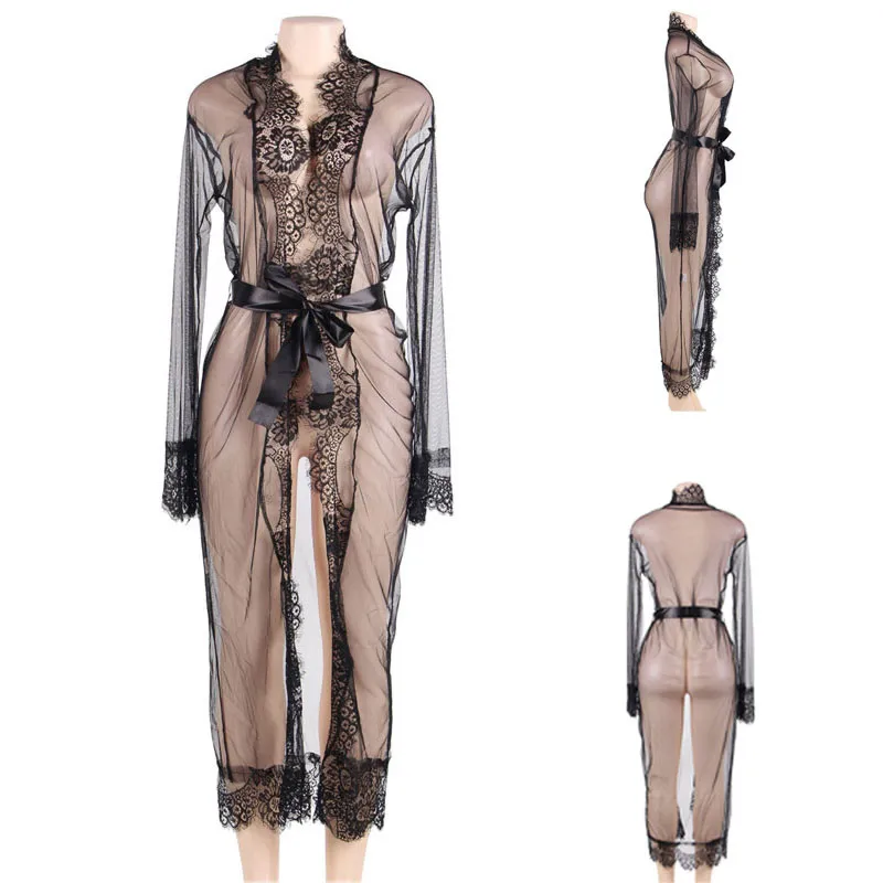 Long Sleepwear Gown Long Sleeves Mesh Robe Chemise Femme Transparent Sexy Lace Lingerie Robe Embroidery Bridal Dressing Gown
