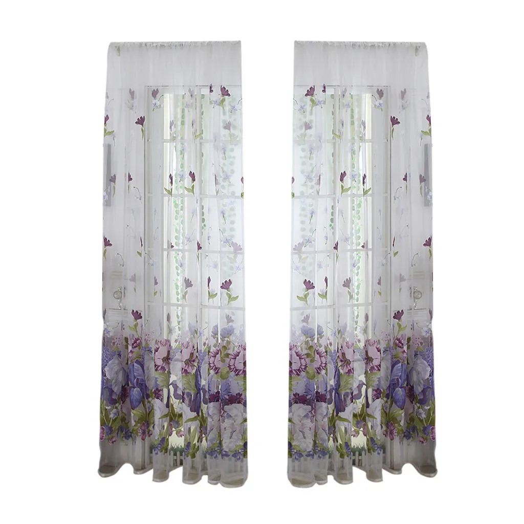 2pcs Peony Flower Print Curtain Tulle Window Treatment Drape Valance Simple Curtain Wear Rod Model 100x200cm L703