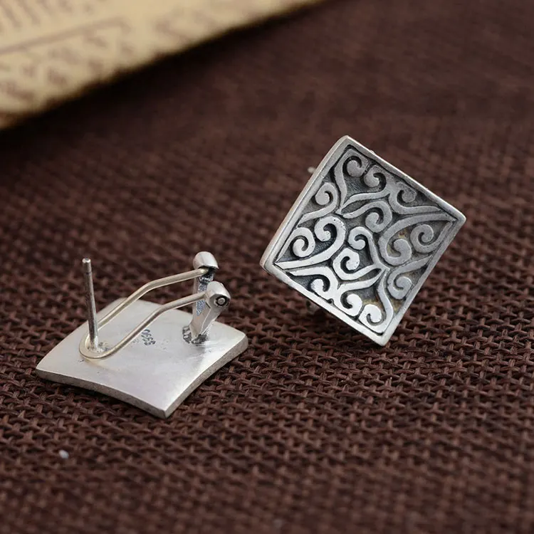 Серьги из серебра 925 для Для женщин ювелирные изделия Винтаж boucle d'oreille S925 стерлингового серебра узор квадратная серьга
