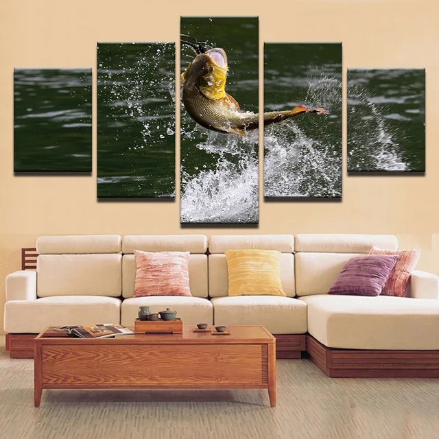 Framed Canvas Pictures Modern HD Prints Posters Home Decor Room 5 Pieces Fish That Leapt Out Of The Water Paintings Wall Art | Дом и сад
