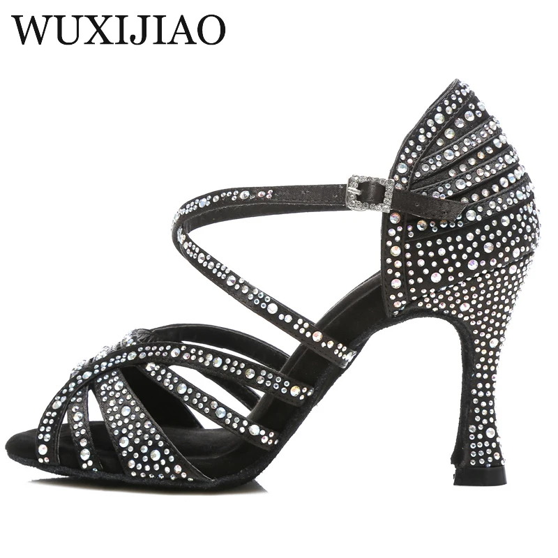 WUXIJIAO Latin Dance Shoes Women New laser Rhinestone Satin Salsa Party Ballroom Dancing Shoes Skin bronze Cuba high heel 9cm