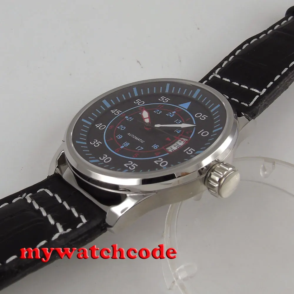 Мужские часы с автоматическим движением 44 мм черный циферблат синие отметки дата