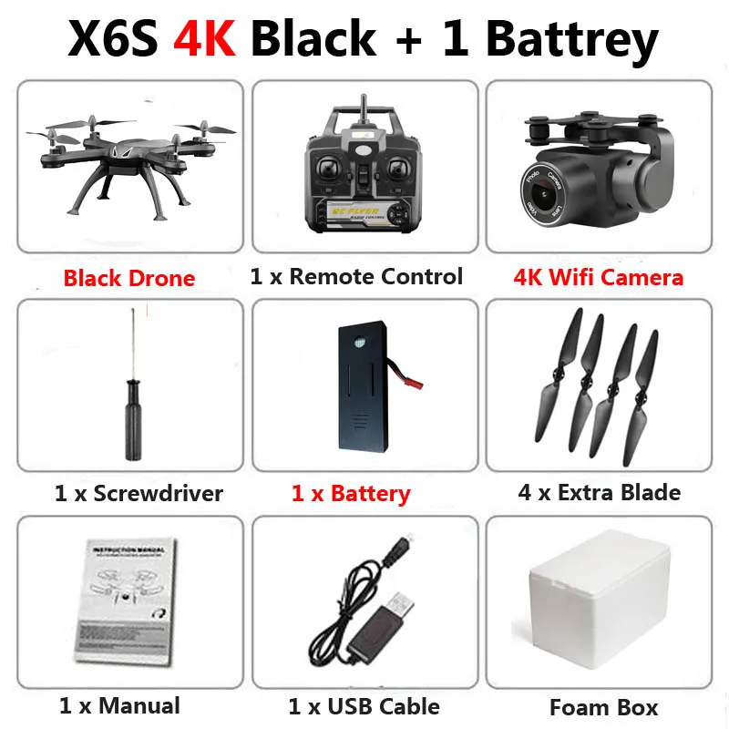 X6S Дрон с камерой 720P 1080P 4K HD WiFi FPV в режиме реального времени аэрофотосъемка высота удержания RC Квадрокоптер Вертолет игрушки VS SG106 E58 - Цвет: 4K Black 1B