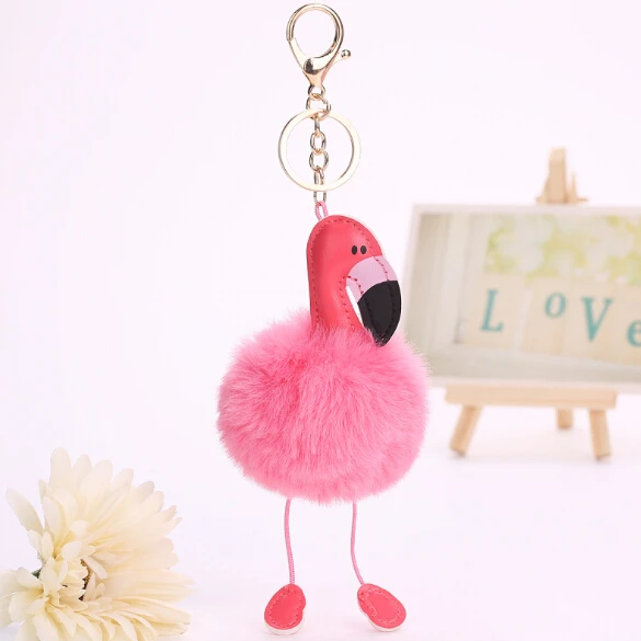 

New 2017 Hot Sell Flamingo Pompom Keychain Lovely Fluffy Artificial Rabbit Fur Ball Key Chain Animal Bird Women Car Bag Key Ring