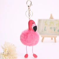 new 2017 hot sell flamingo pompom keychain lovely fluffy artificial rabbit fur ball key chain animal bird women car bag key ring