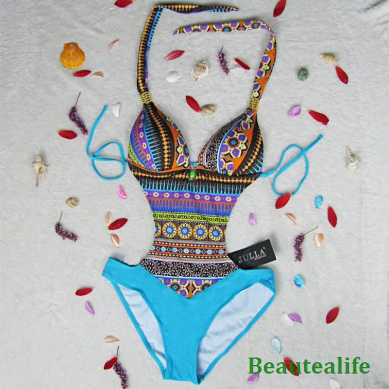 2017 Богемия цельный купальник пуш ап бюстгальтер купальный костюм купальники для