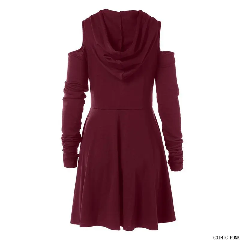 Женское платье с капюшоном Goth весеннее повседневное черное плиссированная полая