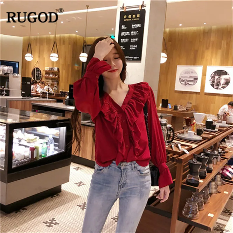 Женские шелковистые рубашки RUGOD повседневные красные в Корейском стиле с