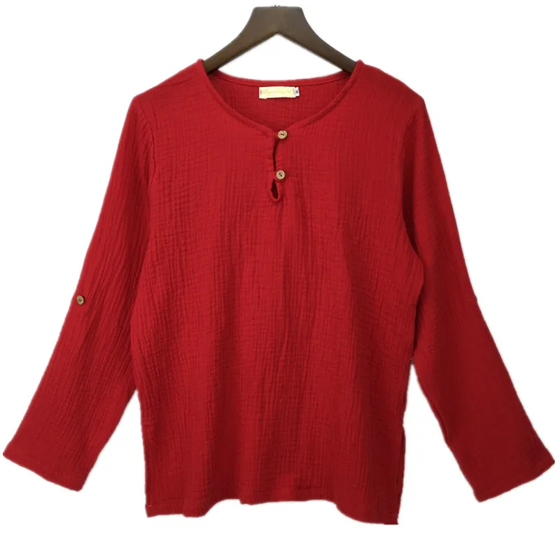 Женская футболка с длинным рукавом повседневная из хлопка и льна круглым вырезом