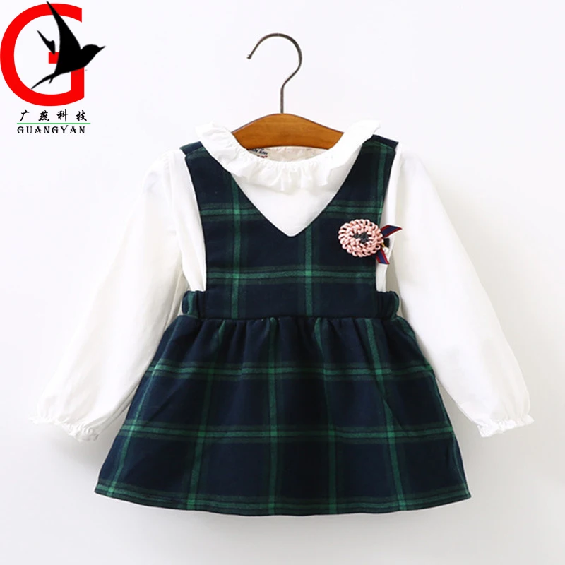 Foreign trade children's clothes for girl Infants 2017 spring new long-sleeved cotton straps dress Fake two pieceYZ-1043 | Детская