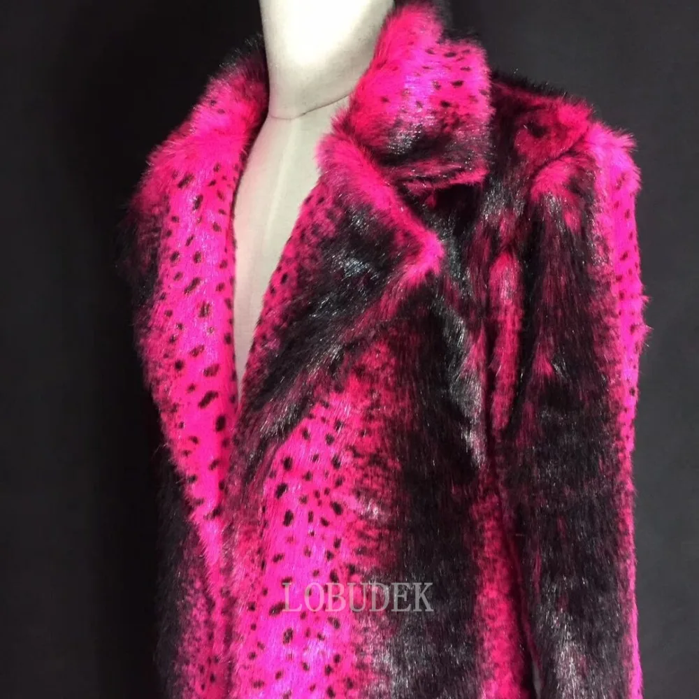 2019 Winter Rose Fur Leopard Overcoat Faux Long Coat Tide Male Singer Nightclub Concert Costume Host Stage Outfit Outerwear | Мужская
