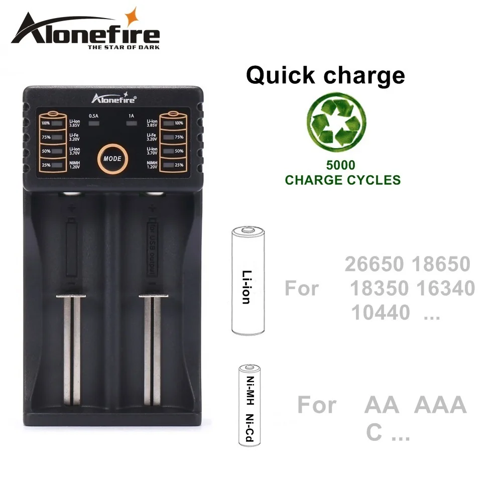 

Alonefire MC202 18650 charger 1.2V 3.7V 3.2V 3.85V AA/AAA 18350 26650 14500 16340 NiMH lithium battery flashlight USB charger
