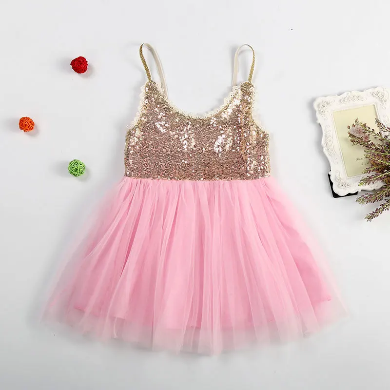 Hot Pink Girls V-Neck Sling Tutu Dress Kids Lace Sequin Gauze Party Baby Satin Bling Top with Glitter Tulle Stitching | Детская одежда