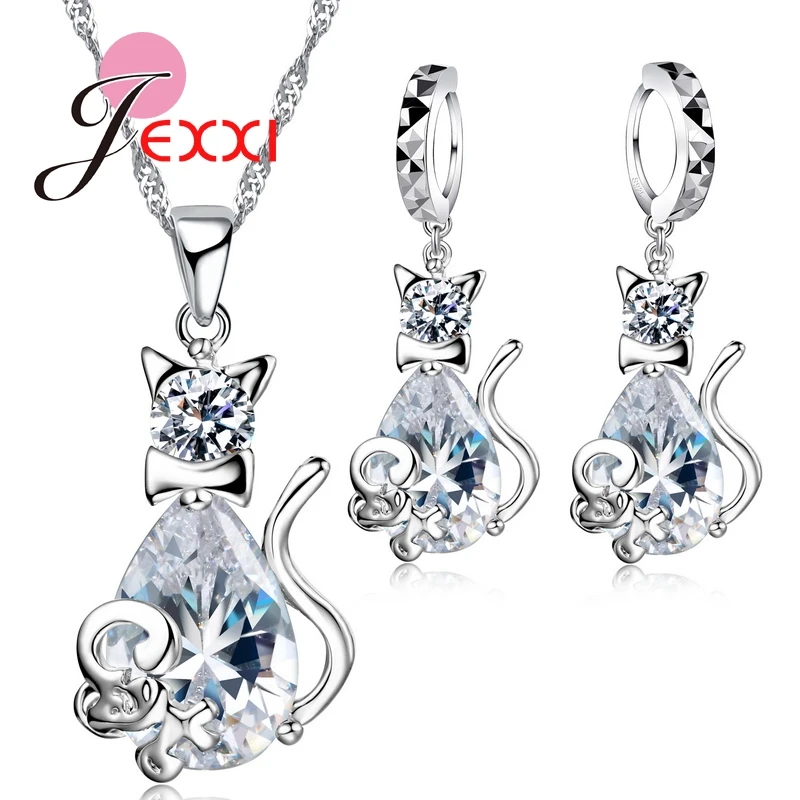 

Cute White Cat& Mouse Jewelry Sets 925 Sterling Silver CZ AAA Cubic Zirconia Crystal Mother Day's Gift Jewelry Sets El collar