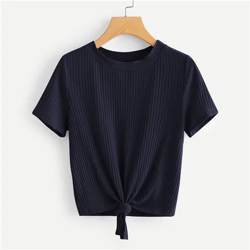 Navy SweatyRocks неоновая цветная футболка с узлом спереди, стильная модная эластичная футболка, летняя повседневная женская желтая футболка и топы - Цвет: Navy