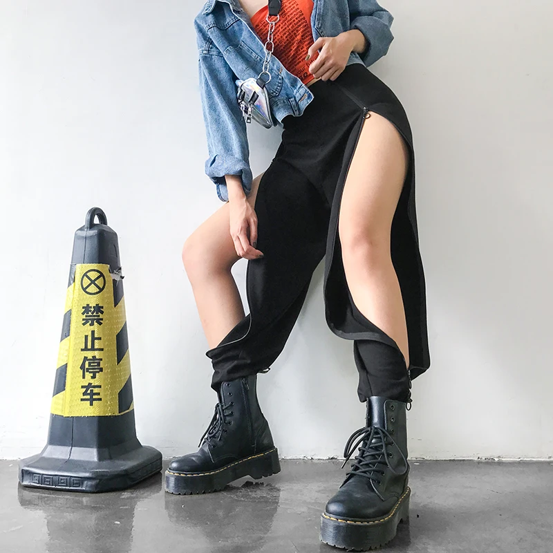 HEYounGIRL Harajuku повседневные черные штаны для бега женские хип-хоп брюки с высокой талией женские s Молния открытая уличная пот брюки лето