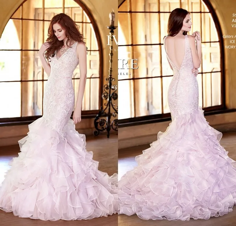 Elegant Sexy V-Neck Lace Top Backless Bridal Gown New Elie saab wedding dress 2015 Mermaid Plus Size Light Pink Wedding Dresses | Свадьбы и