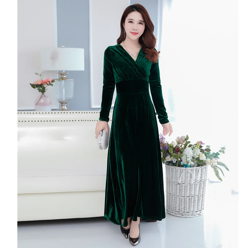 Осеннее женское платье новое плотное черное длинное Золотое бархатное большого