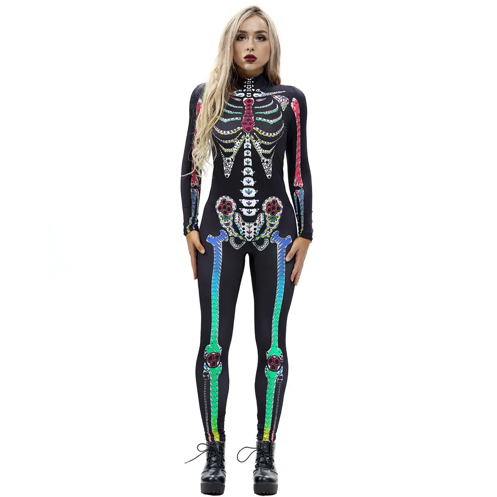 

New Adult Skeleton Halloween Black Bodysuit Women Long Sleeve Back Zipper 3D Skeleton Rompers Jumpsuit Tight Sexy Nightclubs