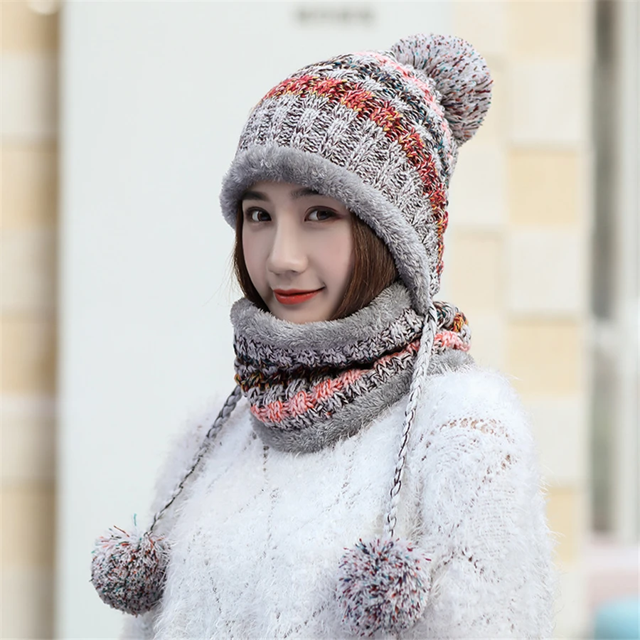 Теплая вязаная шапка для женщин, толстые теплые шапочки, шапки Skullies, Женский вязаный берет, шапка бини, зимняя бархатная вязаная велосипедная шапка, нагрудник