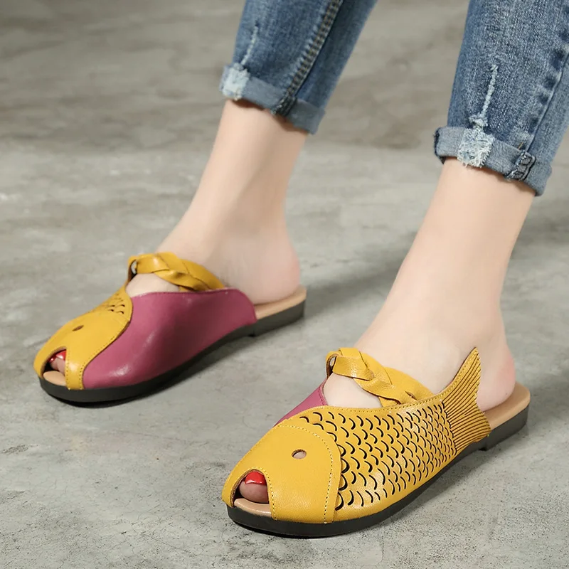 Women Leather Slippers Flat Heels Peep Toe Summer Shoes Girls Casual Handmade Genuine Beach Slipper Fish | Обувь
