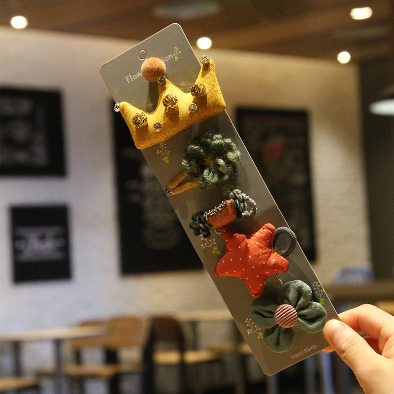 

5pcs/Set Korean children's hair accessories set cartoon animal hair ring hair clips all-inclusive cloth card baby safety clip