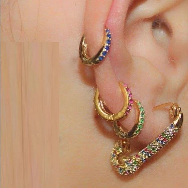 rainbow cz safety pin earring 2019 new design jewelry for women Gold filled colorful green white red cz multi piercing earring
