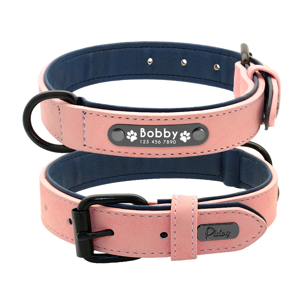 Pink Collar Индивидуальный ошейник и поводок для собак с кожаной подкладкой, выгравированные ошейники для собак, набор поводков, бульдог питбуль - Цвет: Pink Collar