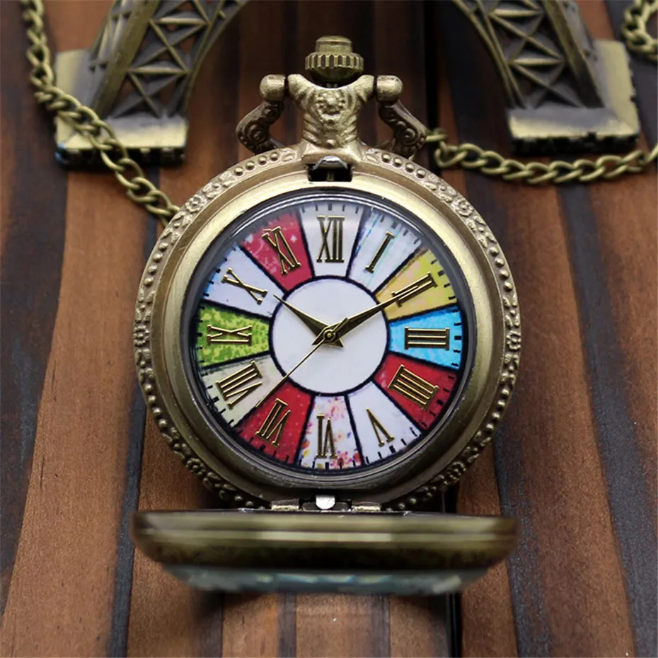 

Vintage Colorful Dial Rome Number Bronze Men Women Fashion Quartz Pocket Watch with Necklace Pendant for Unique Gifrs