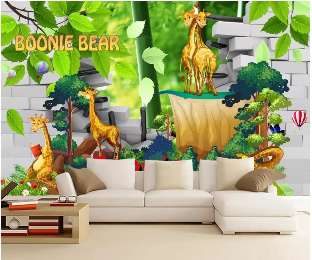 Настенные 3d фотообои на заказ Мультяшные животные рай кирпичная стена фон для