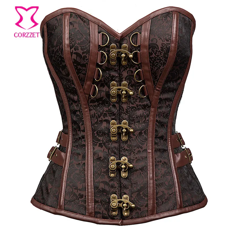 

Brown Brocade Steampunk Corset Gothic Clothing Steel Boned Corsets and Bustiers Sexy Corpetes E Corselet Overbust Plus Size 3XL