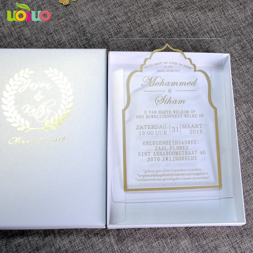 Customized 5X7inch Gold Screen Printing Clear Acrylic Wedding Invitation Card With Navy Blue Box,white Box,black Box