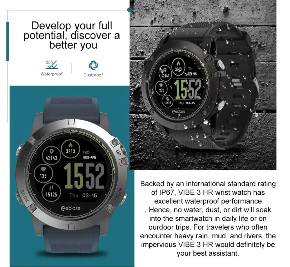 

Sport Bluetooth Smart Watch Zeblaze VIBE 3 HR Smartwatch All-Day Activity Tracking Multi-Sensors Sleep Monitor Multiple Language