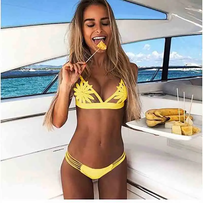 2019 сексуальный белый сетчатый вышитый цветок Strappy Biquini микро купальный костюм