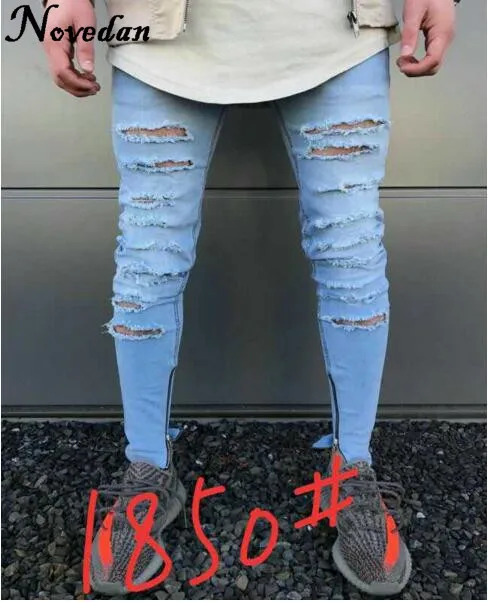 Новинка Kanye West, черные рваные джинсы, мужские джинсы с дырками, супер облегающие, брендовые, облегающие, пуш-ап, джинсовые штаны размера плюс, байкерские джинсы