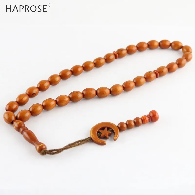 Исламская пение Copal красно коричневый браслет из бисера 33 Бусы Tasbih мусульманских Аллах бусы четки Moon Star знак праздничные подарки