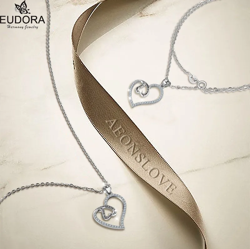 

Eudora 925 Sterling Silver Double Heart Love Pendant Engraved I Love you to the Mom and Dad Charm Long Necklace Jewelry or Lover